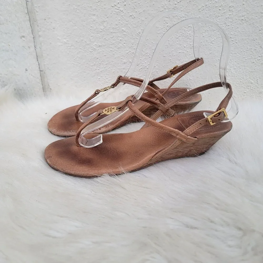 Tory Burch Emmy T-Strap Brown Leather Sandals Sz 6